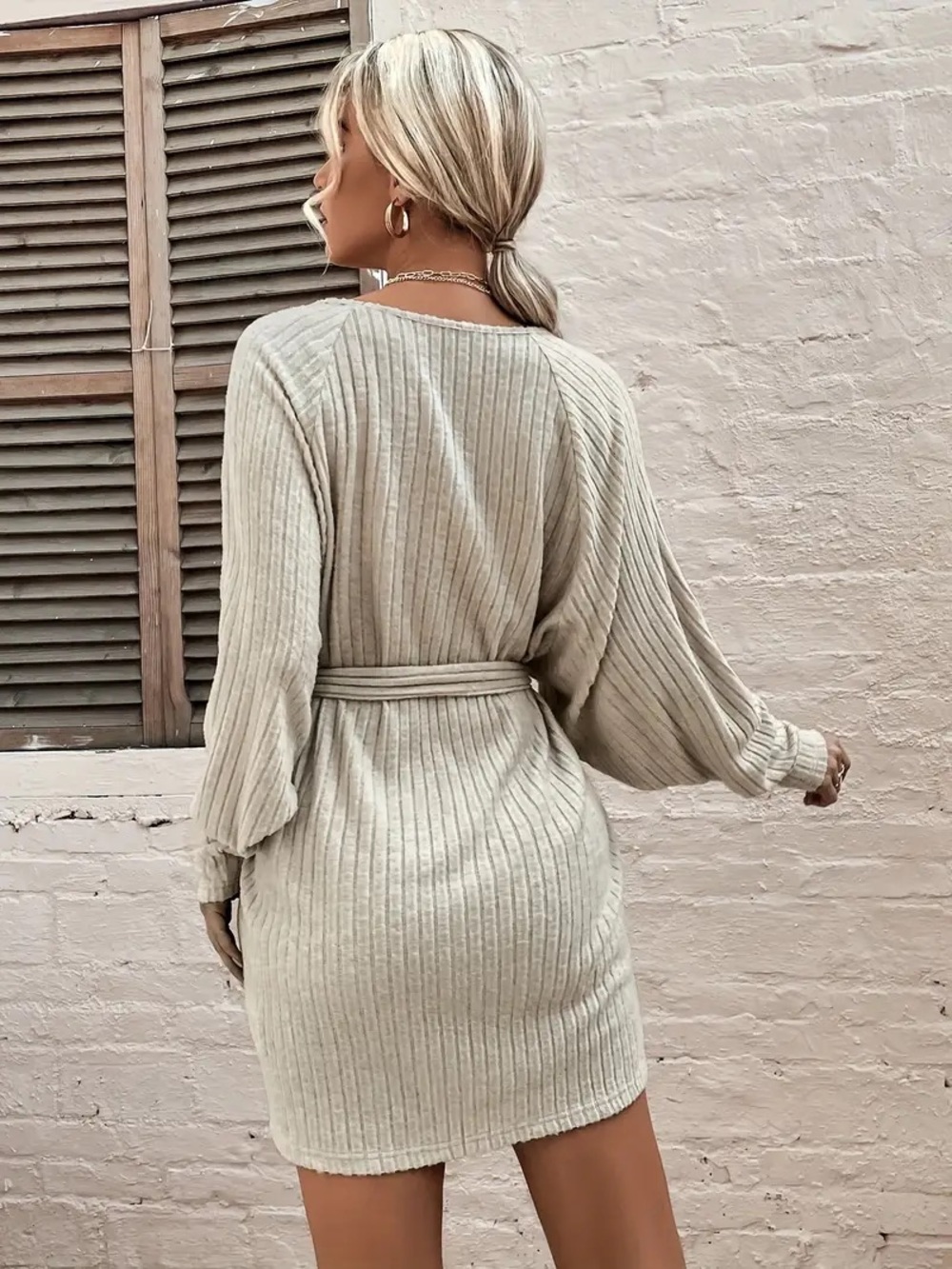 Tie-Waist Ribbed V-Neck Mini Dress - Cream - Picture 2 of 3